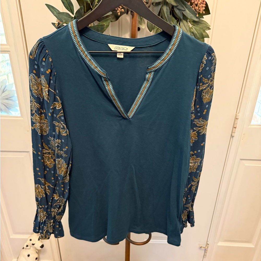 Pioneer Woman Boho Floral Print Embroidered Top LS M